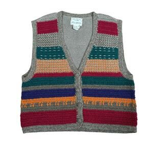 Vintage 90s Jack Winter Hand Crochet Colorblock Knit Sweater Vest Women’s Medium